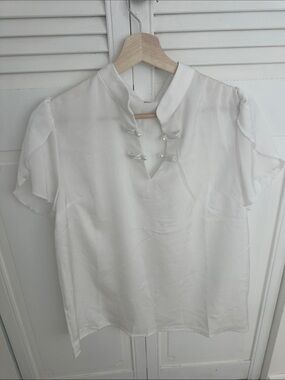 White Mandarin Collar Short Sleeve Blouse